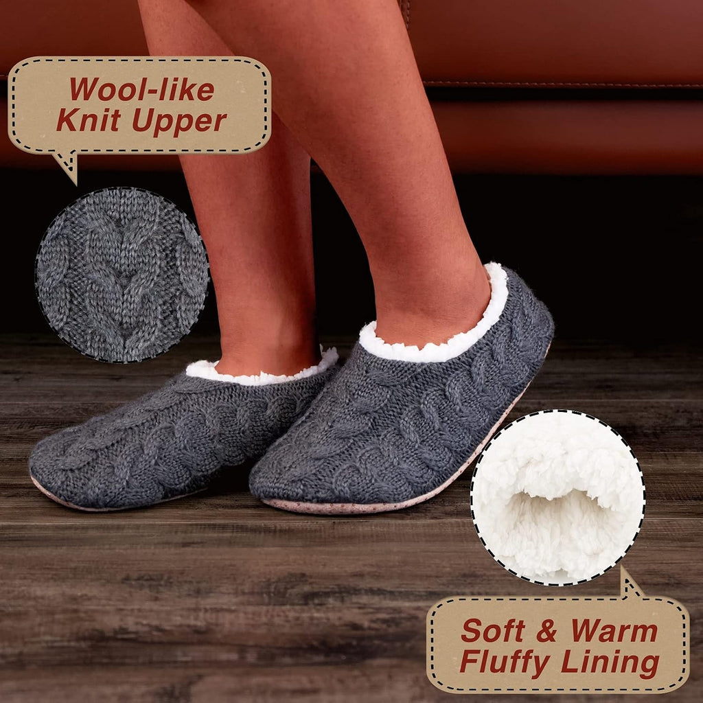 cosyone1997 Womens 2-Pair Knit Slippers Non Slip Slipper Socks | Soft sole, chunky cable texture, sherpa lining, gripper dots, indoor lounge comfort, machine washable