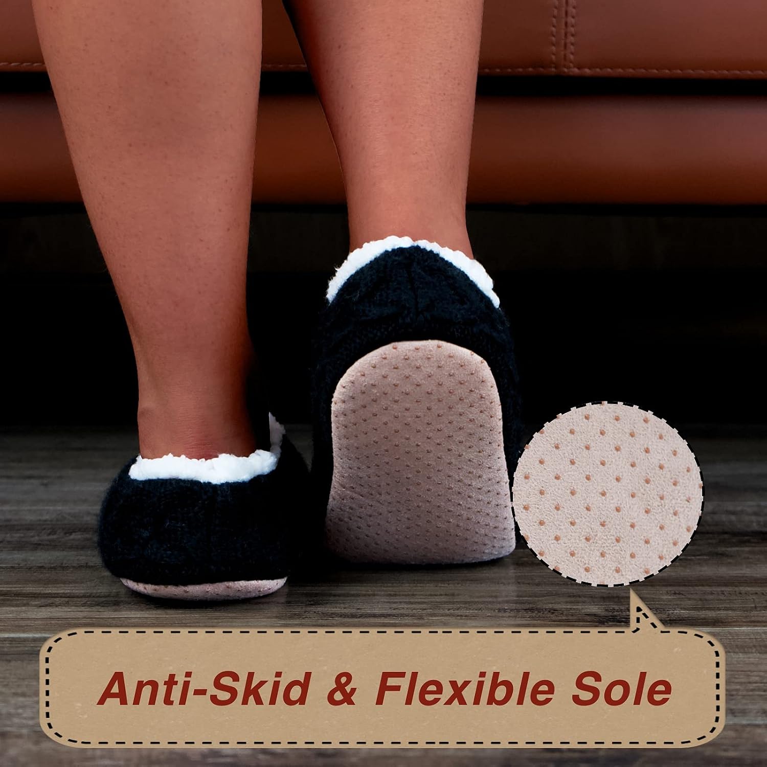 cosyone1997 Womens 2-Pair Knit Slippers Non Slip Slipper Socks | Soft sole, chunky cable texture, sherpa lining, gripper dots, indoor lounge comfort, machine washable