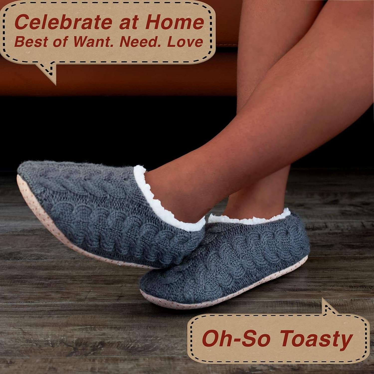 cosyone1997 Womens 2-Pair Knit Slippers Non Slip Slipper Socks | Soft sole, chunky cable texture, sherpa lining, gripper dots, indoor lounge comfort, machine washable