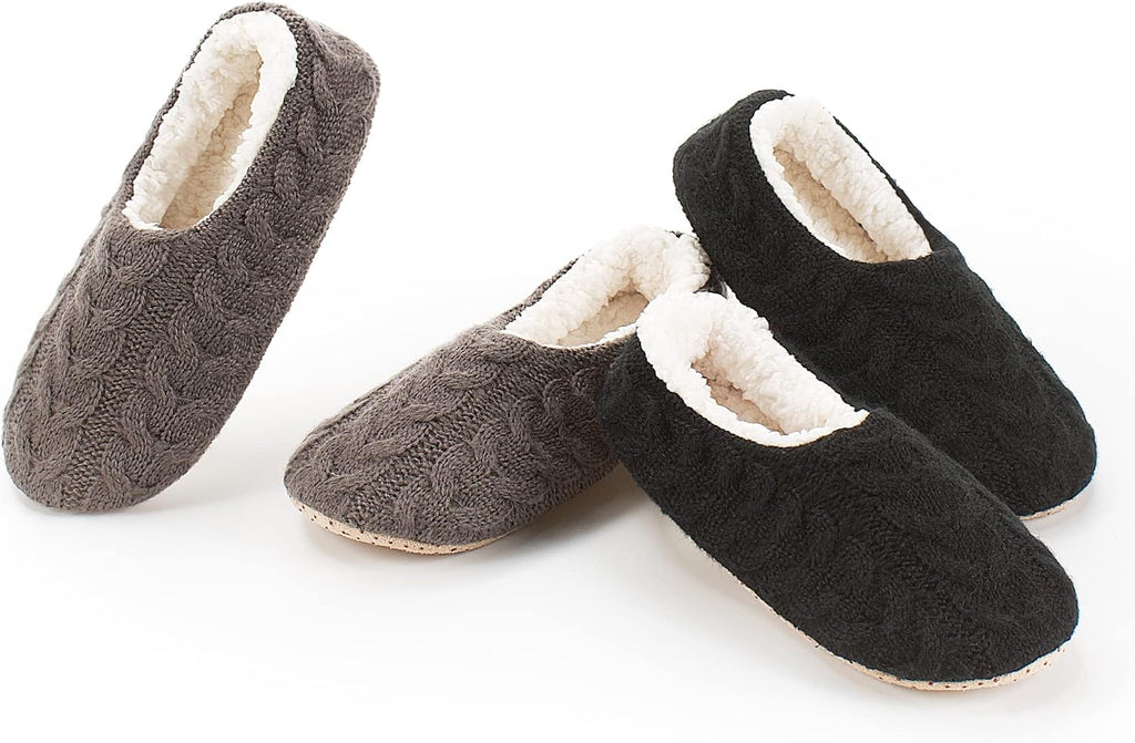 cosyone1997 Womens 2-Pair Knit Slippers Non Slip Slipper Socks | Soft sole, chunky cable texture, sherpa lining, gripper dots, indoor lounge comfort, machine washable