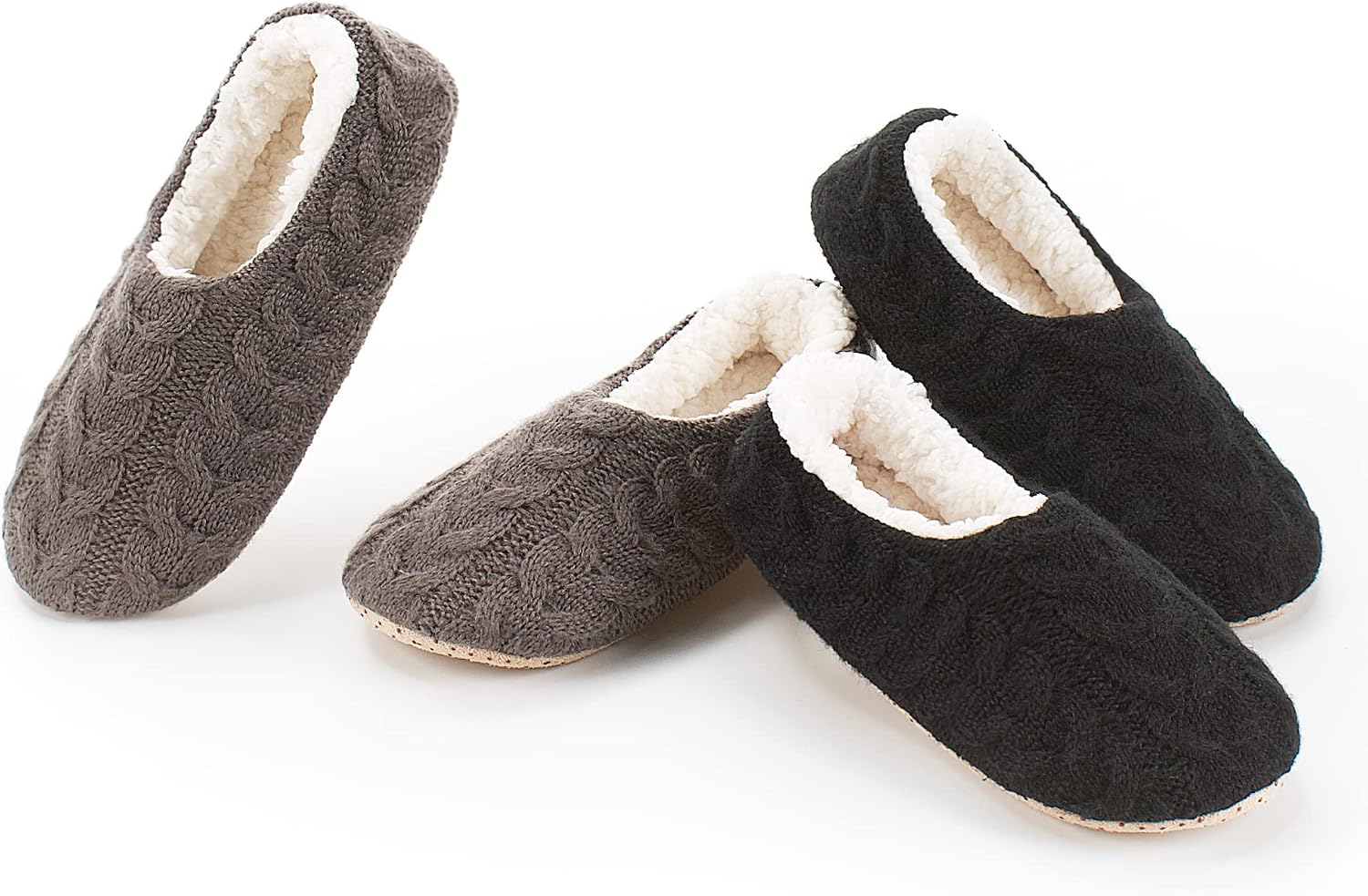 cosyone1997 Womens 2-Pair Knit Slippers Non Slip Slipper Socks | Soft sole, chunky cable texture, sherpa lining, gripper dots, indoor lounge comfort, machine washable