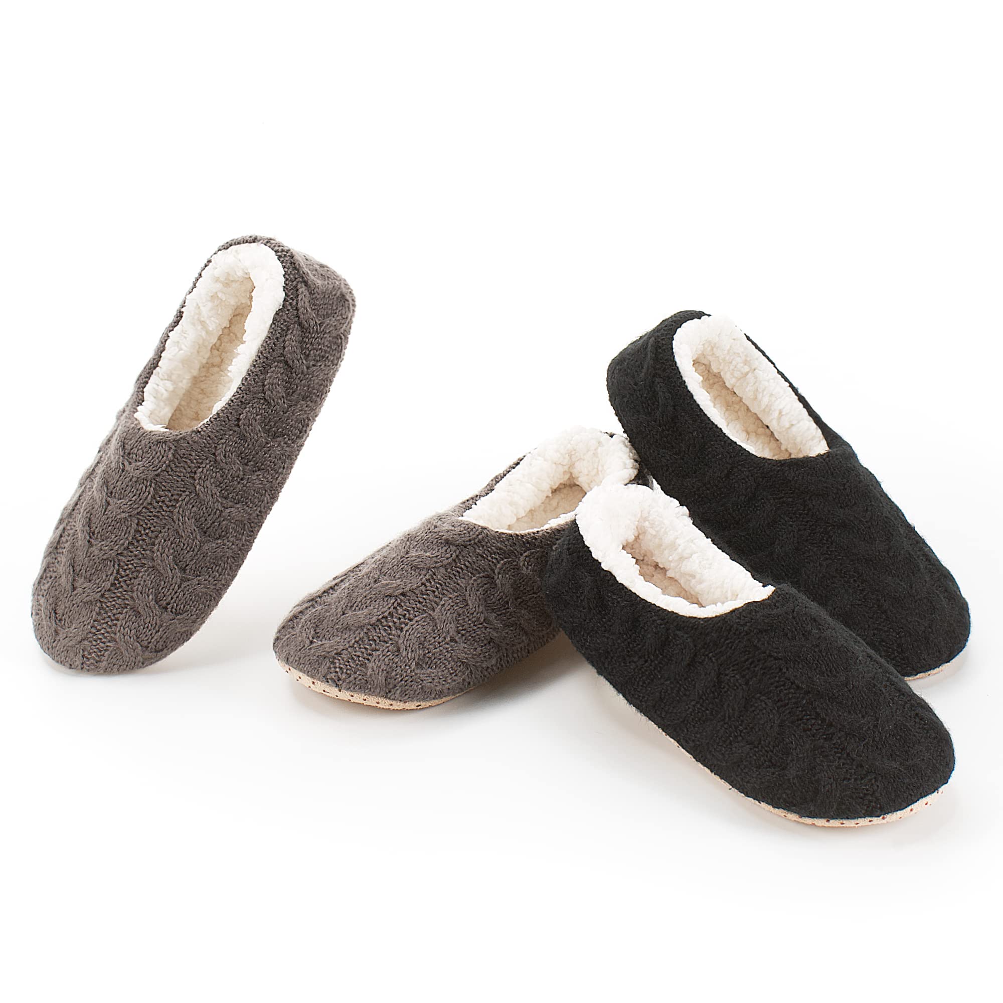cosyone1997 Womens 2-Pair Knit Slippers Non Slip Slipper Socks | Soft sole, chunky cable texture, sherpa lining, gripper dots, indoor lounge comfort, machine washable