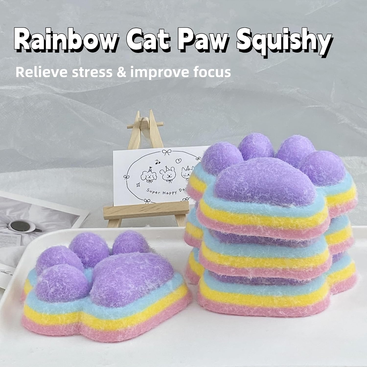 Fufu Big Cat Paw Squishy Toy 5 Inch Sticky Cat Paw Print Squishies Large Transparent Pinch Family Tuba Squishy Clear Jelly Blue Giant Squeeze Toy for Adults Stress Relief (Yuan--Rainbow)