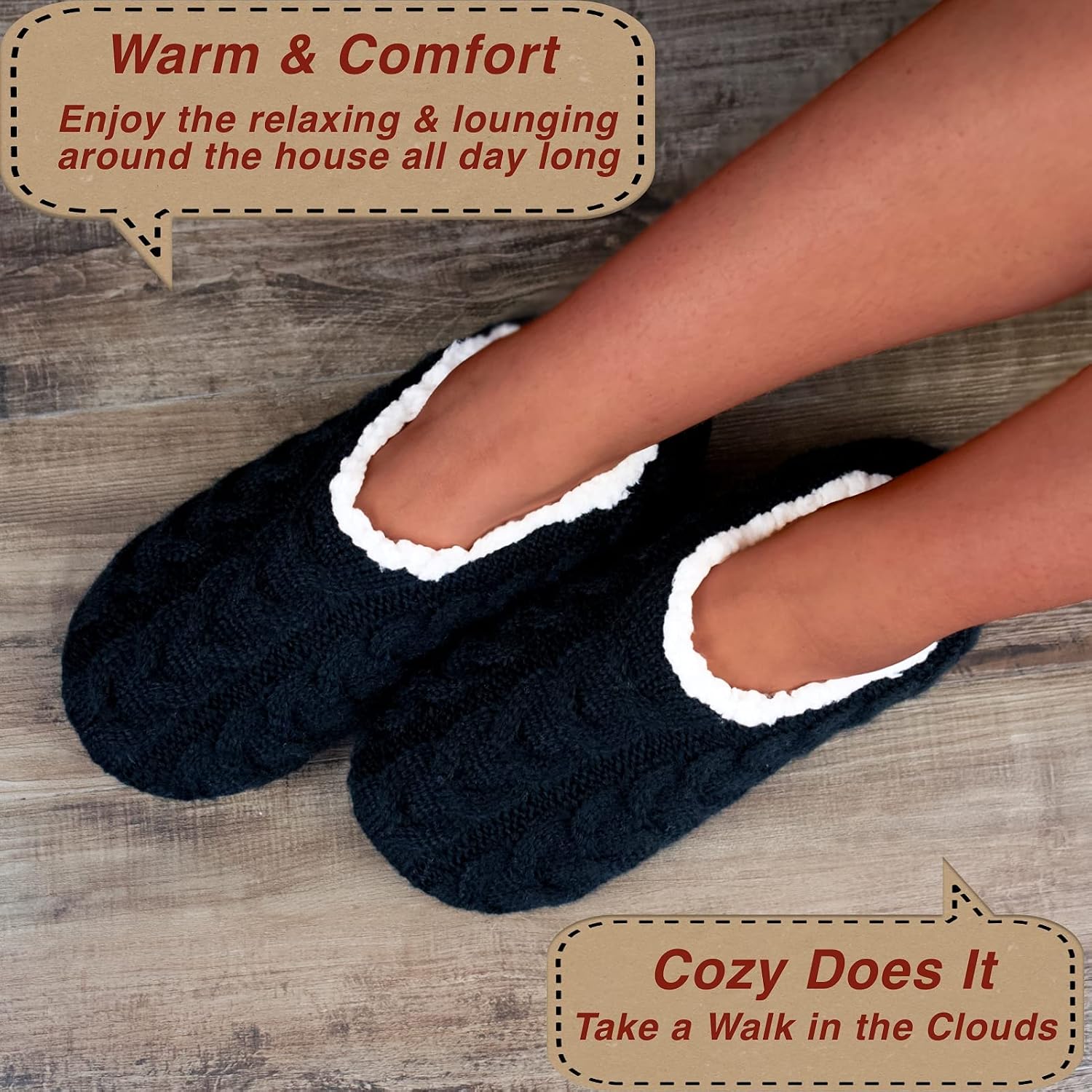 cosyone1997 Womens 2-Pair Knit Slippers Non Slip Slipper Socks | Soft sole, chunky cable texture, sherpa lining, gripper dots, indoor lounge comfort, machine washable