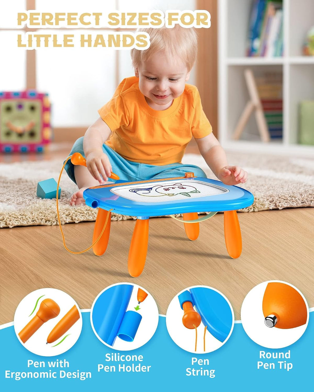 bravokids Magnetic Drawing Board for Kids with Sturdy Legs, Color Erasable Doodle Writing Pad for Toddler Boy Girls, Educational Preschool Learning Toys for 1 2 3 3 4 Years Old Birthday Gifts (Blue)