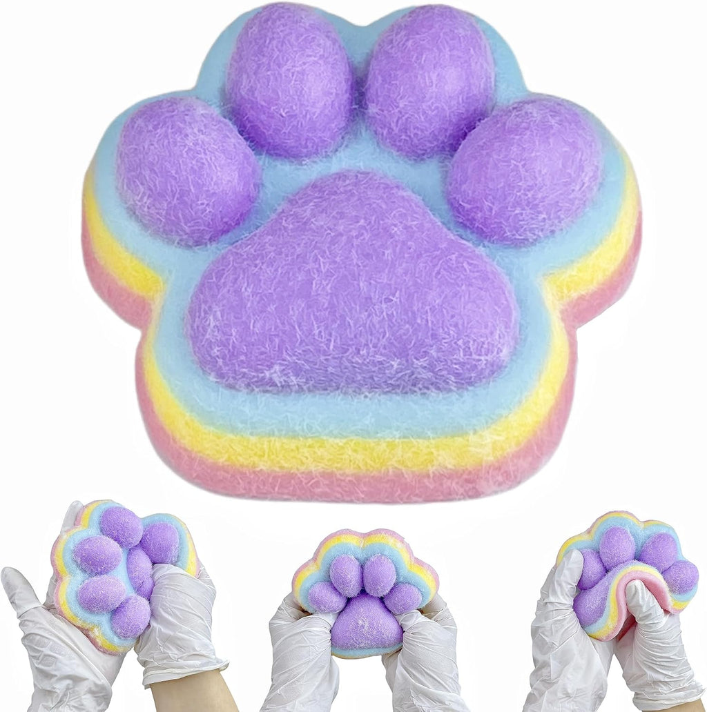 Fufu Big Cat Paw Squishy Toy 5 Inch Sticky Cat Paw Print Squishies Large Transparent Pinch Family Tuba Squishy Clear Jelly Blue Giant Squeeze Toy for Adults Stress Relief (Yuan--Rainbow)