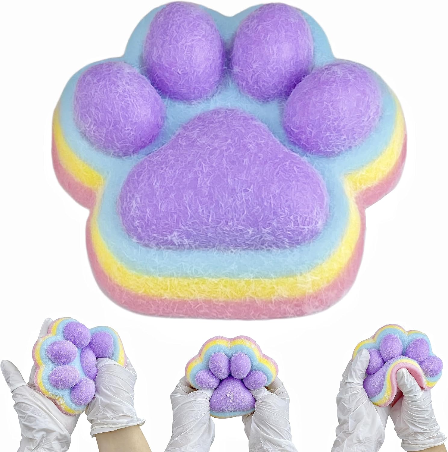 Fufu Big Cat Paw Squishy Toy 5 Inch Sticky Cat Paw Print Squishies Large Transparent Pinch Family Tuba Squishy Clear Jelly Blue Giant Squeeze Toy for Adults Stress Relief (Yuan--Rainbow)